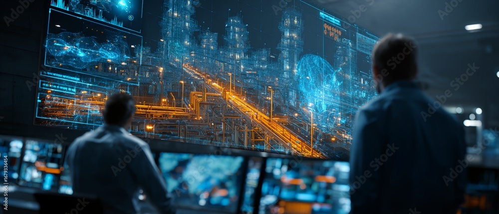 Poster two men are looking at a computer screen with a city view