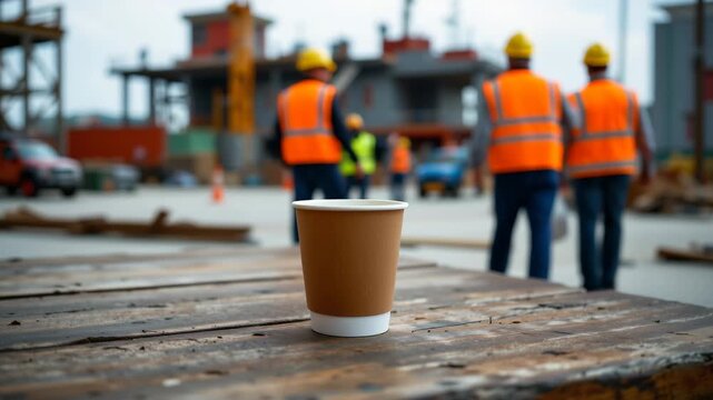 Coffee Break at the Construction Site: A solitary cup of coffee sits on a weathered wooden surface, offering a moment of respite against the backdrop of a busy construction site.