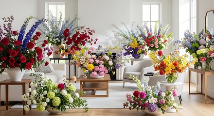 Colorful Flower Arrangements in a Living Room.