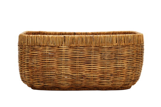 Rectangular woven wicker basket isolated on black background.