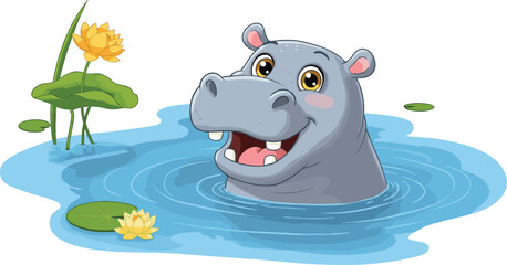 Happy cartoon hippo swimming in water, cute animal illustration, smiling hippopotamus, pond with lilies and flowers, nature wildlife