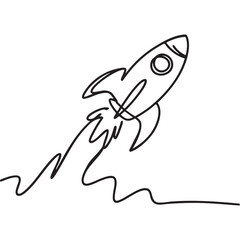 Single line drawing of a rocket ship launching with flame trail on a white background illustration