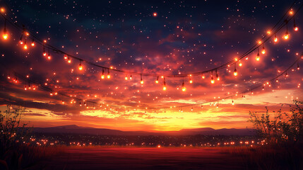 Fototapeta premium festival night scene with glowing string lights warm gradients orange yellow pink inviting celebration ambiance