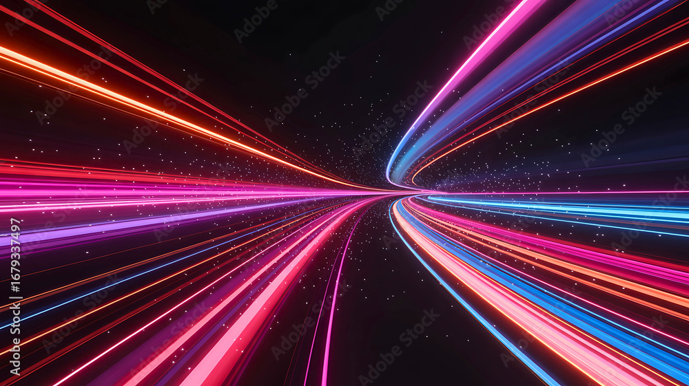 Poster a vivid journey through a futuristic tunnel of glowing red and blue light beams representing high-sp