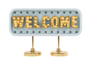 Rectangular light up welcome sign with gold bulbs and brass stand.