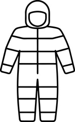 Outline drawing of hooded snowsuit for winter sports and cold weather activities showing complete garment perfect for skiing snowboarding or outdoor work