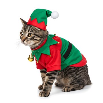 cat in elf costume with bell collar, holiday pet character, isolated on white background