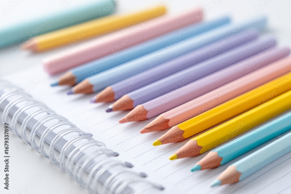 Aufkleber spiral notebook with a row of colored pencils on top of it
