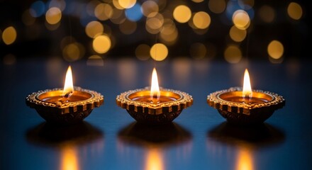 Diwali oil lamps glowing, perfect for Hindu festival designs. Traditional diya lamps light up the celebration, creating a warm, spiritual ambiance, promoting peace.  