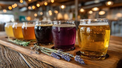Artisan Brewery Tour: Mead tasting flight with wooden paddle and lavender sprigs in modern brewery setting
