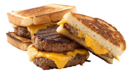 Grilled cheese sandwich burger with beef patty placed between two grilled cheese sandwiches instead of a bun, white background, no text
