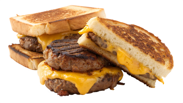 Grilled cheese sandwich burger with beef patty placed between two grilled cheese sandwiches instead of a bun, white background, no text