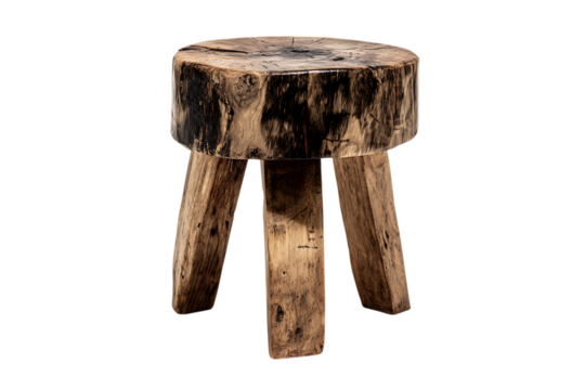 Rustic wooden stool, three legged, handcrafted.