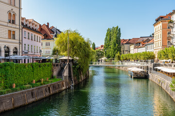 Obraz premium Ljubljanica River as it passes through the capital of Slovenia with typical houses on the shore, Ljubljana.