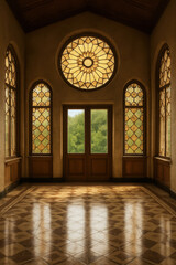 Ornate golden circular window above wooden double doors flanked by tall arched stained glass windows