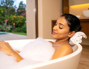 Woman relaxing in a frothy bathtub