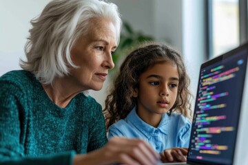 Grandmother and granddaughter learn to code together on a laptop, fostering a bond through technology.