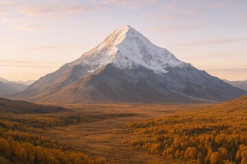 Majestic Snow-Capped Mountain Peak Landscape with Autumnal Foliage at Sunset, Offering Serenity and Natural Beauty