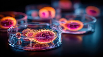Laboratory Innovation: Glowing cell structures floating in petri dish with research equipment backdrop
