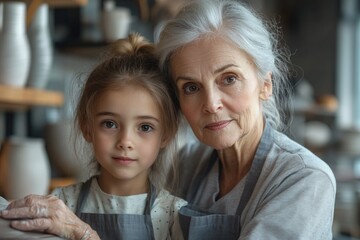 A heartwarming portrait of a grandmother and granddaughter, sharing a moment of quiet connection in a pottery workshop.
