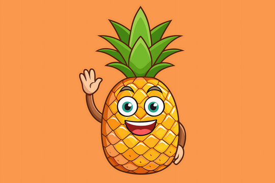 Friendly cartoon pineapple character waving hello with a big smile