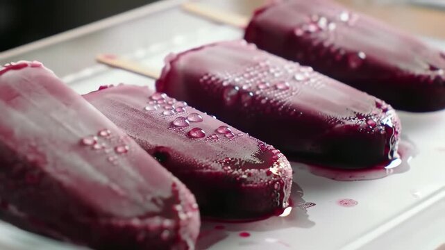 Delicious homemade blueberry popsicles with water droplets on a white surface, showcasing freshness and a summertime treat, perfect for a hot day refreshment