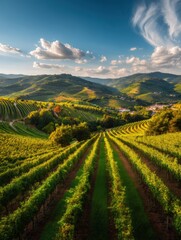 Naklejka premium Vineyard Landscape in Italian Countryside Under Blue Sky and Clouds, Perfect for Wine Production and Tourism