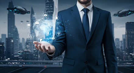 businessman pushing virtual button on touch screen