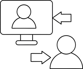 Online communication concept showing person on computer screen interacting with another person through arrows indicating connection for collaboration and interaction
