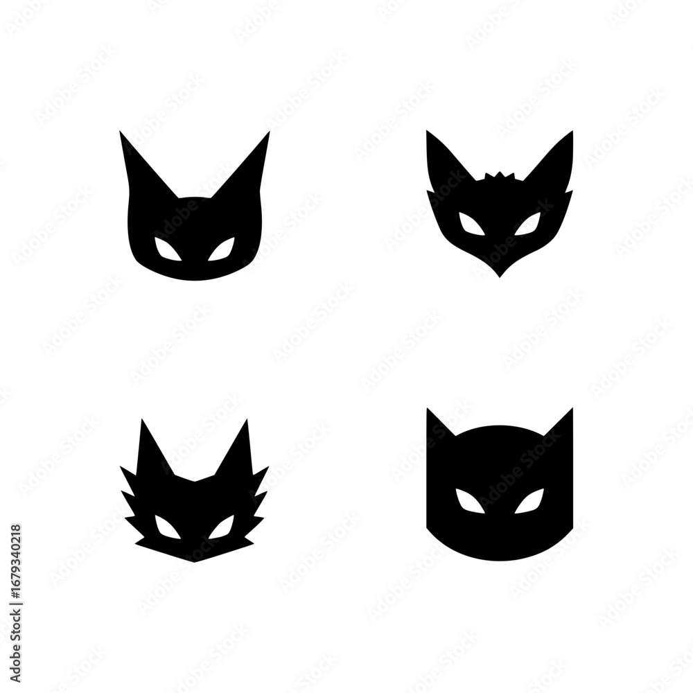 Poster a minimalist set of stylized black cat silhouette mask icons against a backdrop. these vector graphi