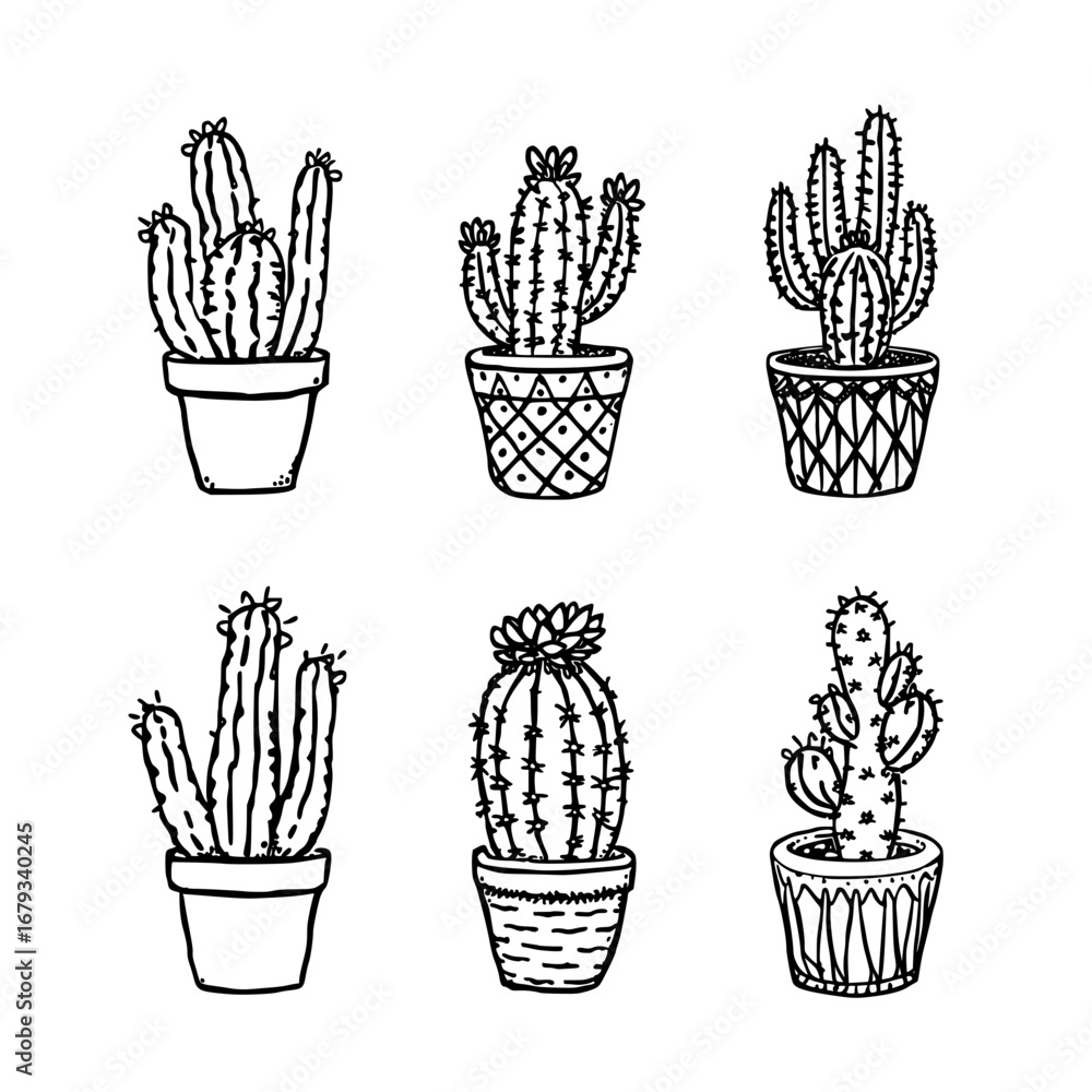 Poster a set of hand-drawn cactus illustrations in pots, perfect for adding a touch of desert charm to any 