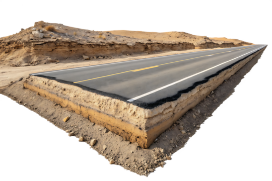 3d illustration with cut of the ground and the desert road floating in the air, isolated on AI generated by PNG