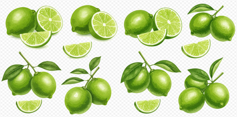 A set of fresh green limes shown whole, cut in half, as slices, and on branches with leaves.