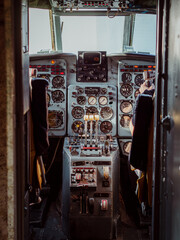 Cockpit with a control panel in an old aircraft