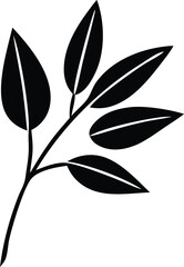 Simple black silhouette of a plant branch with five elongated leaves showing detailed veins for decorative design elements