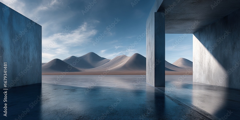 Poster minimalist architecture with desert landscape featuring concrete structures and reflections under a 