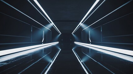 Futuristic sci fi tunnel with neon lights and reflections