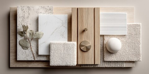 Naklejka na ściany i meble Neutral Interior Design Mood Board with Marble, Wood, and Textured Fabrics for Modern Home