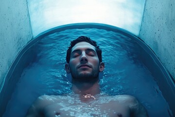 A man serenely floats in a cool, blue sensory deprivation tank, eyes closed, achieving tranquility.
