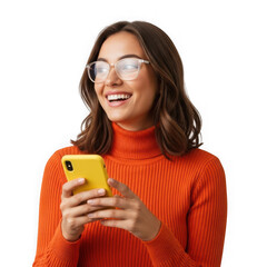 Young woman wearing orange turtleneck and glasses looking at phone young adult isolated on a transparent background