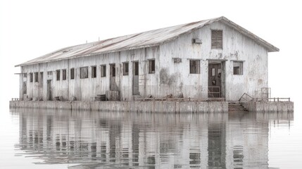 Obraz premium Floating Warehouse Reflection: An old warehouse sits peacefully afloat on serene waters, its weathered facade mirrored in the calm surface below.
