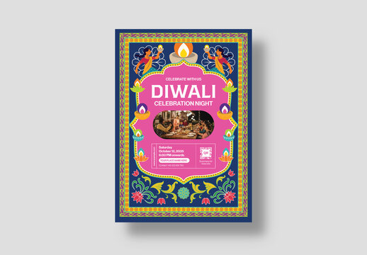 Traditional Diwali Celebration Flyer Template  Cultural Illustration, Diyas, & Festive Border Design