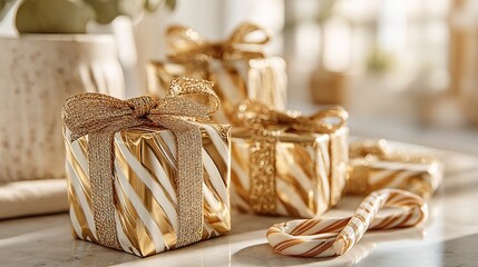 Christmas gift wrapping idea with gold white striped boxes and glitter ribbon bows alongside a classic candy cane on a rustic table