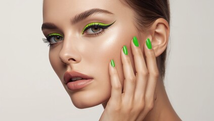 Woman with neon green eyeliner and nails against soft neutral monochrome backdrop