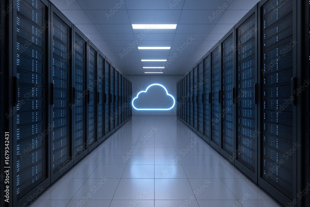 Fototapete cloud computing data center with servers and a glowing cloud symbol representing data storage