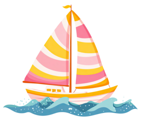 Cartoon sailboat with pink and yellow striped sail