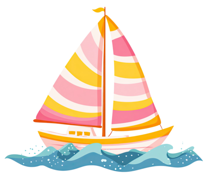 Cartoon sailboat with pink and yellow striped sail
