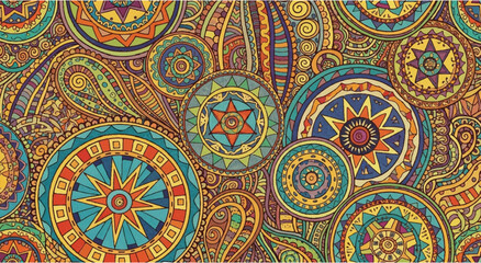 Abstract Bohemian Pattern with Ornate Circles and Paisley Motifs | Colorful Ethnic Background for Textile Prints, Fashion Design, and Decorative Arts