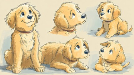 Adorable Golden Retriever Puppy Poses, Cartoon Style Illustration for Children's Books and Animation