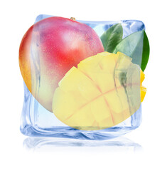 Juicy mango fruits in ice cube isolated on white